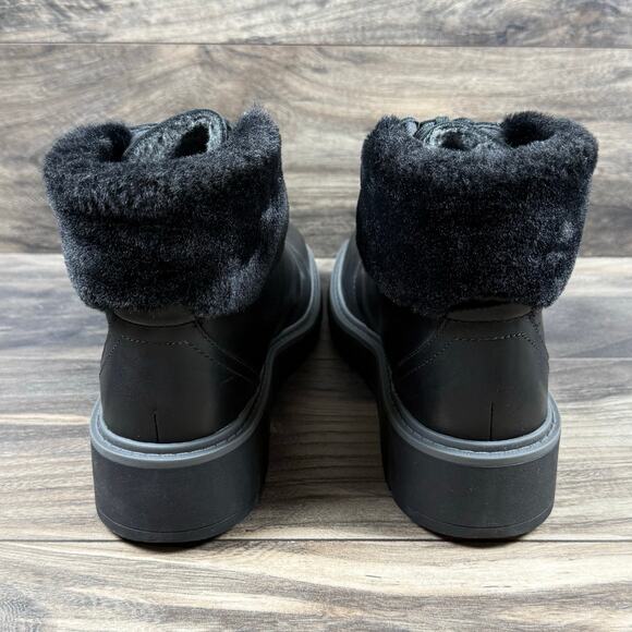 Clarks Leighly Lace 8.5M Black Leather Faux Fur Cuff Comfort Ankle Boots Booties - Picture 7 of 10